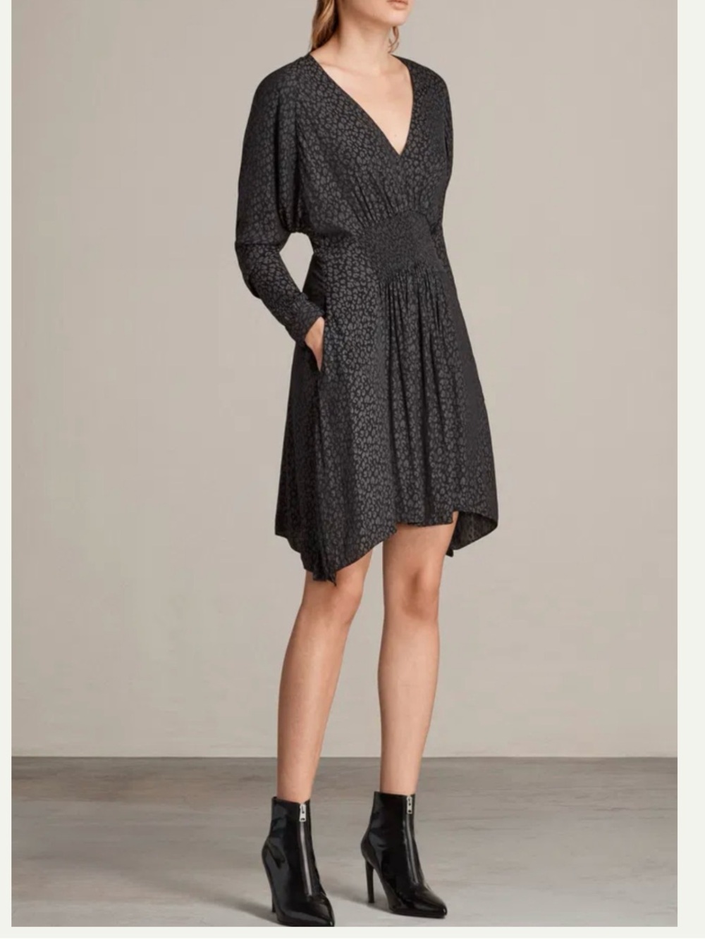 AllSaints Nichola Leopard Textured V‑Neck High-Low Mini Dress Small